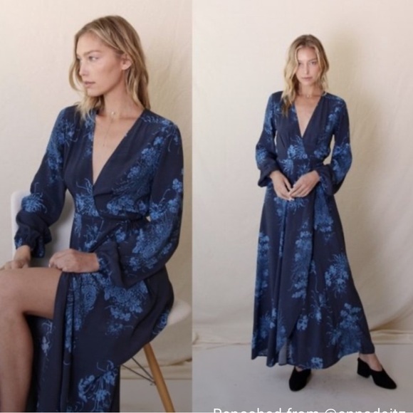 Rolla's Maxi Navy Blue and Pink Floral Wrap Dress - - Picture 2 of 4